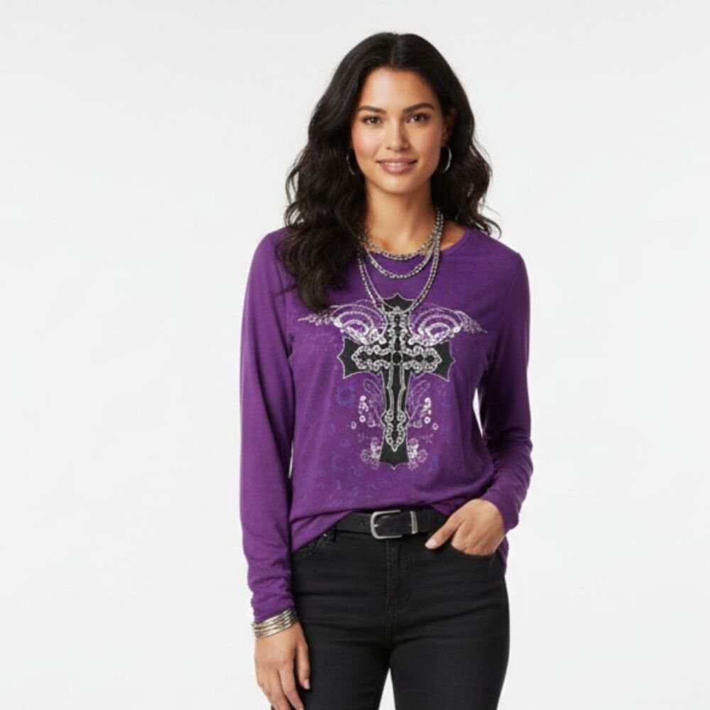 Bit & Bridle Purple Embellished Cross Print Long Sleeve Tee T Shirt Top 1X